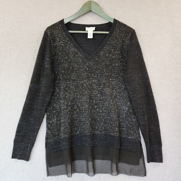 Soft Surroundings Tunic Top Womens L Black Silver Threads Sheer Hem L/S - Picture 1 of 10